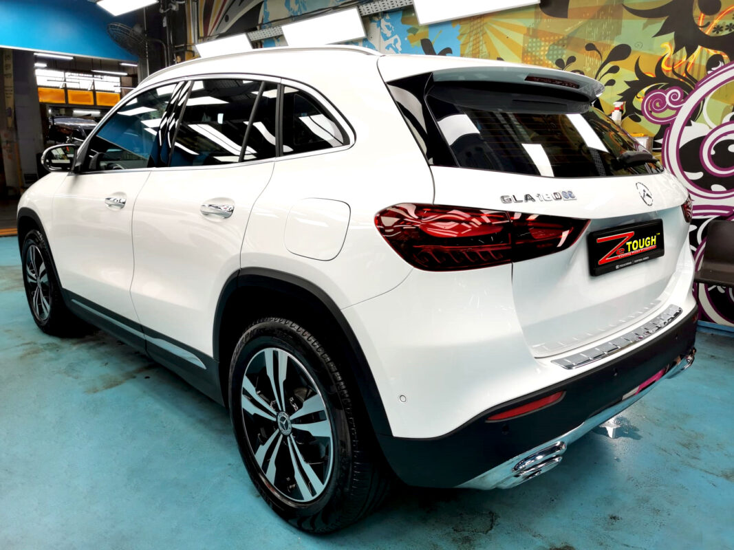 Rear quarter of the Mercedes-Benz GLA180, glossy and protected.