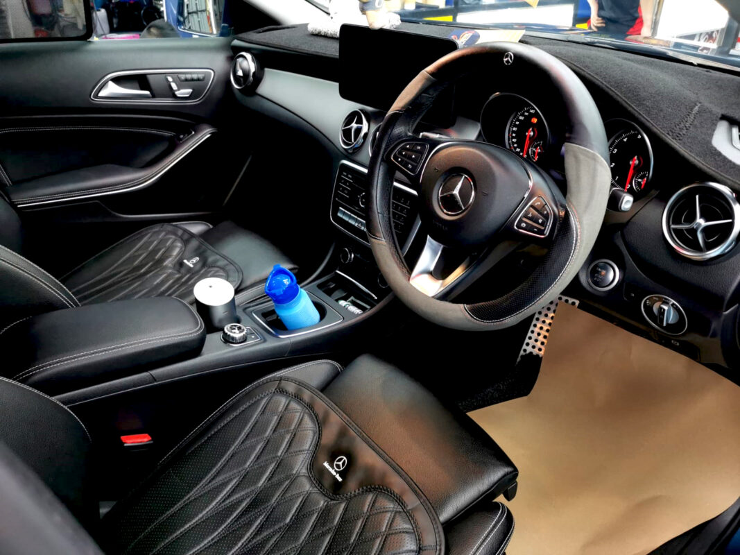 The Mercedes-Benz GLA180 parked in the workshop, freshly coated.