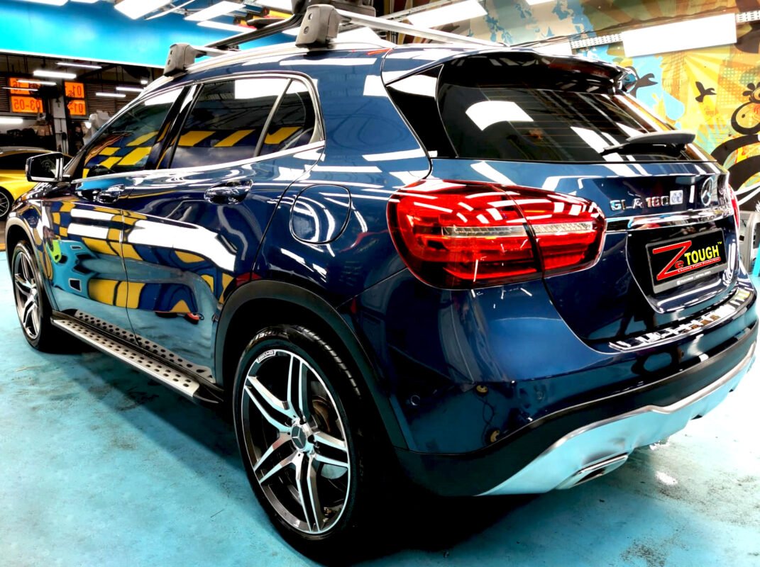 Rear quarter of the Mercedes-Benz GLA180, glossy and protected.