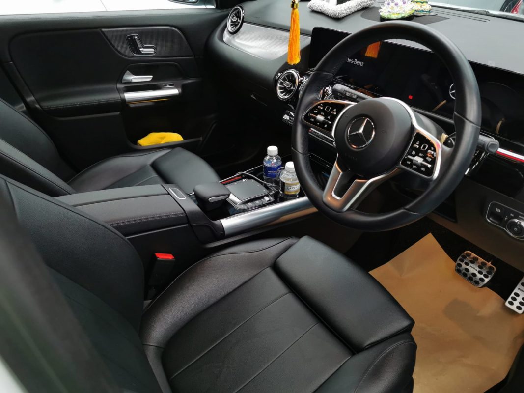 The Mercedes-Benz GLA180 parked in the workshop, freshly coated.