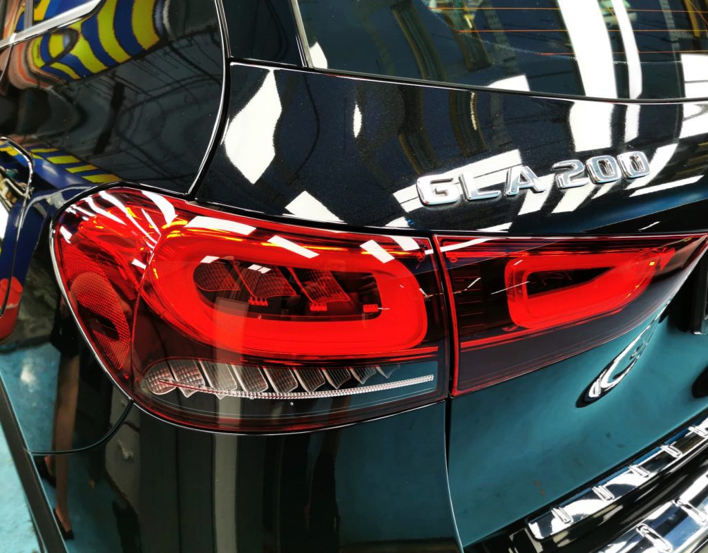 The coated bonnet of the GLA200 under workshop lighting.