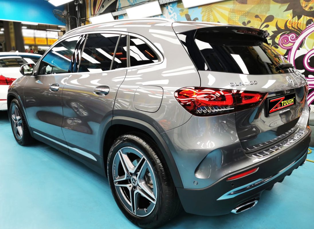 Rear quarter of the Mercedes-Benz GLA200, glossy and protected.
