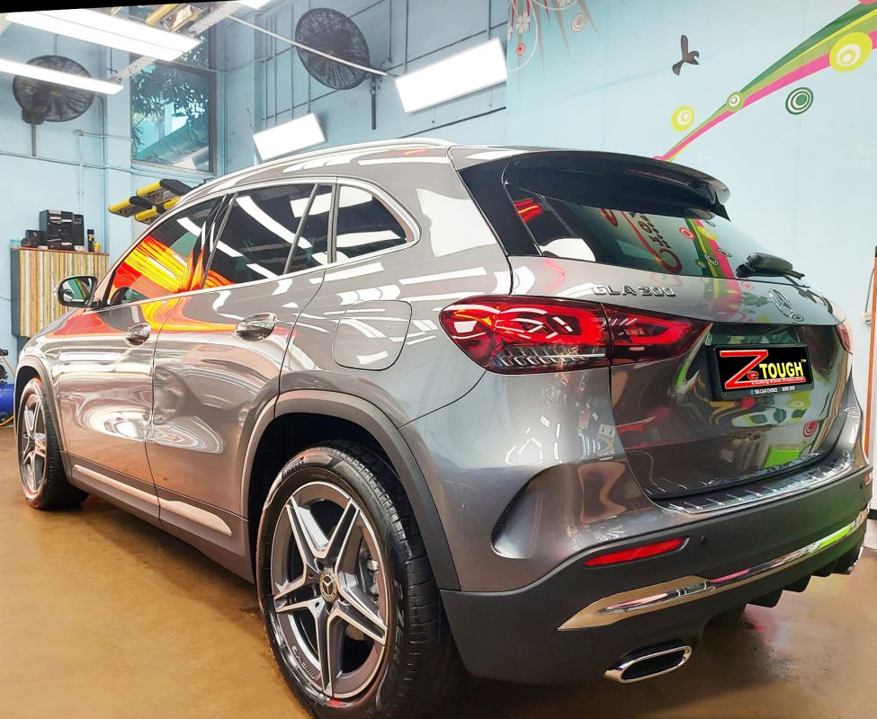 Rear quarter of the Mercedes-Benz GLA200, glossy and protected.