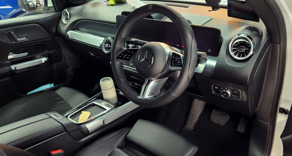 The Mercedes-Benz GLB180 parked in the workshop, freshly coated.