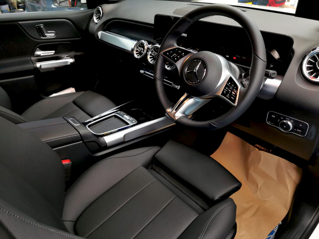 The Mercedes-Benz GLB180 parked in the workshop, freshly coated.