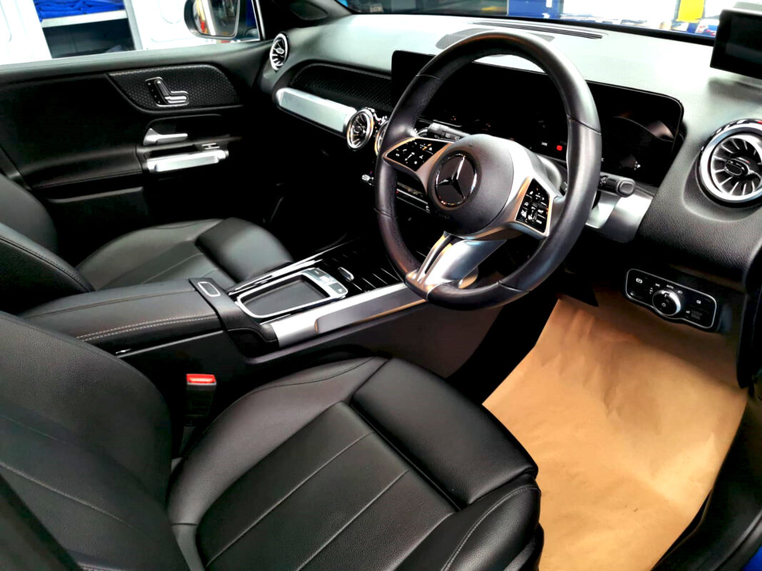 The Mercedes-Benz GLB180 parked in the workshop, freshly coated.