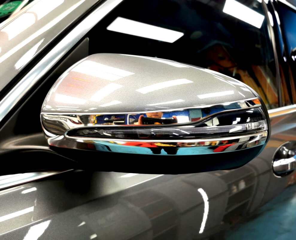 The Mercedes-Benz GLB200 parked in the workshop, freshly coated.