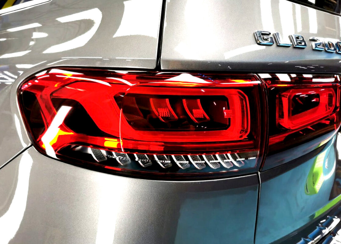 Rear quarter of the Mercedes-Benz GLB200, glossy and protected.