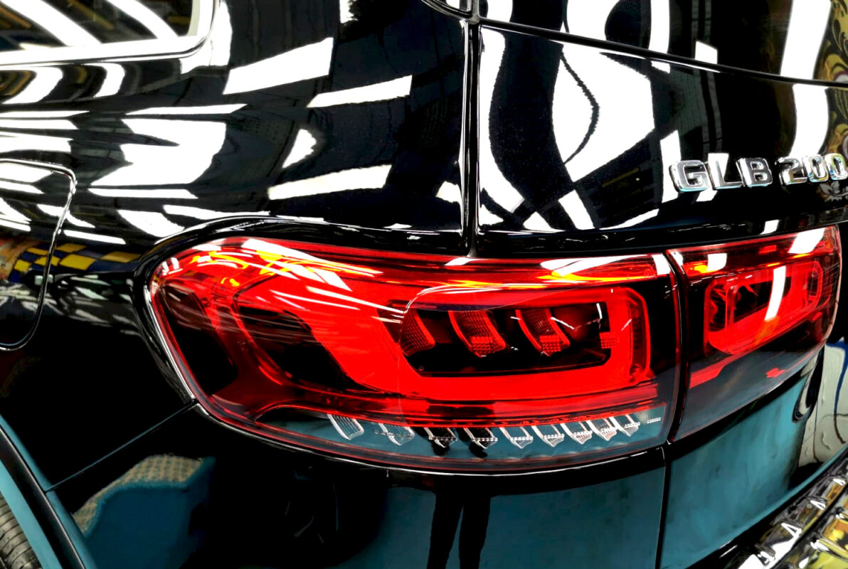 Rear quarter of the Mercedes-Benz GLB200, glossy and protected.