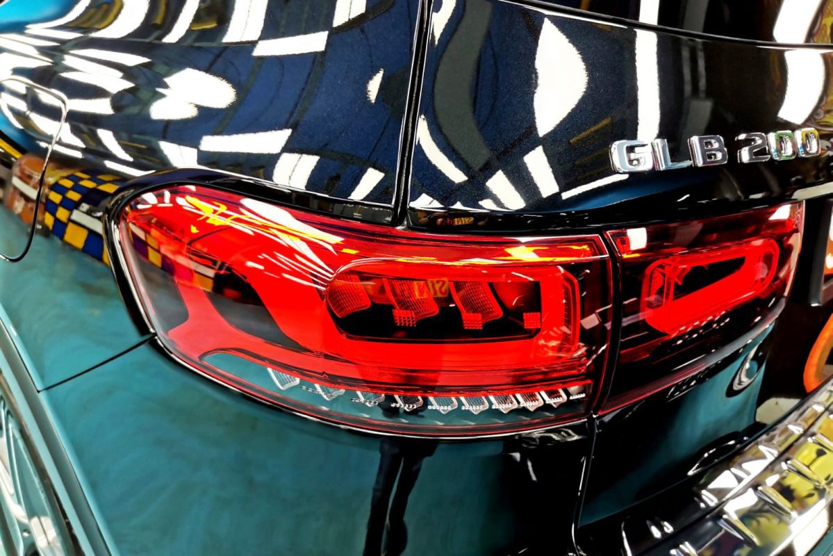 The coated bonnet of the GLB200 under workshop lighting.