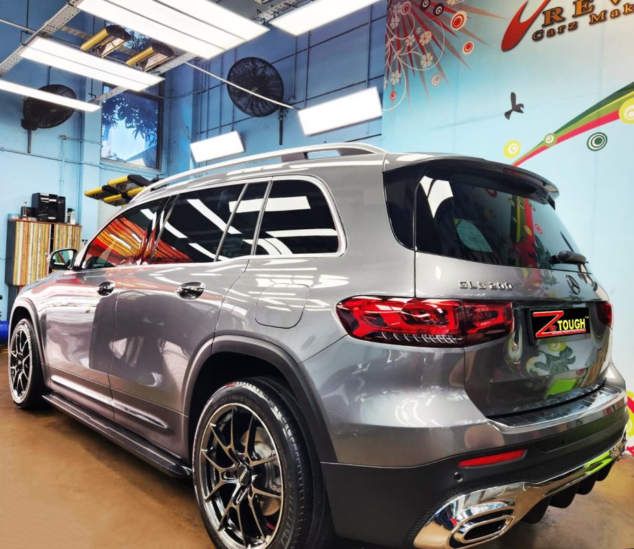 Rear quarter of the Mercedes-Benz GLB200, glossy and protected.
