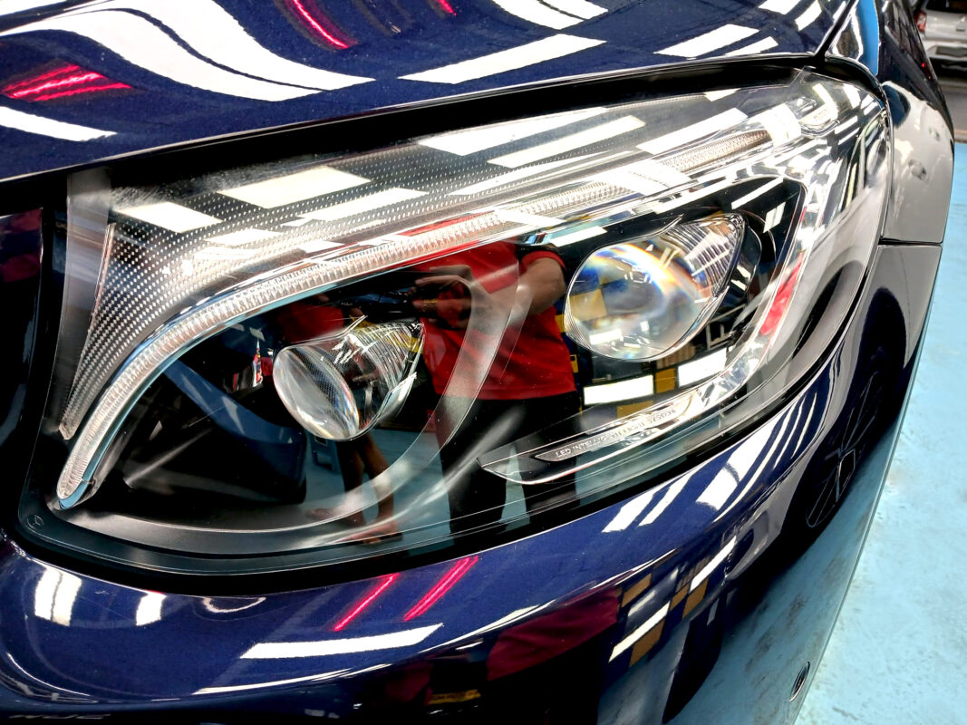 The GLC 250's coated paintwork showing clean reflections.