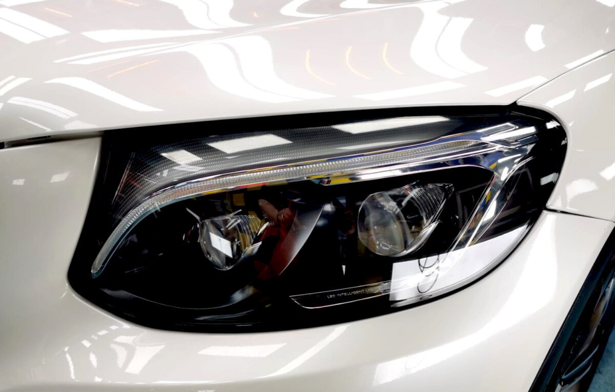 The GLC 250's coated paintwork showing clean reflections.