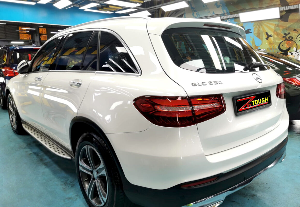 Rear quarter of the Mercedes-Benz GLC 250, glossy and protected.