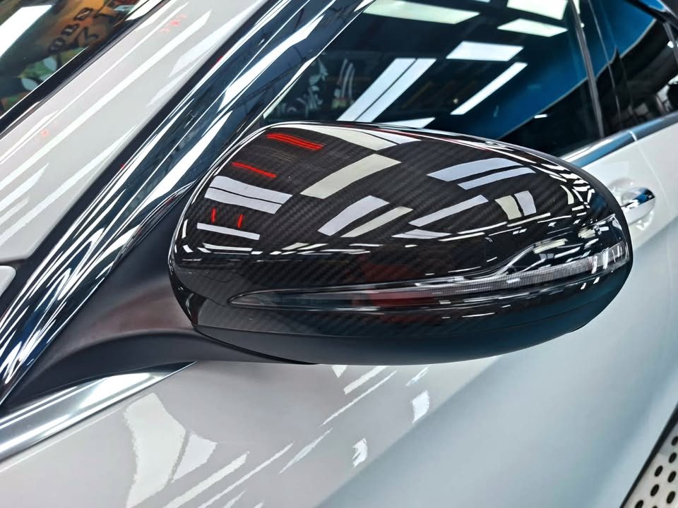 Carbon-pattern side mirror cap with sharp reflections.