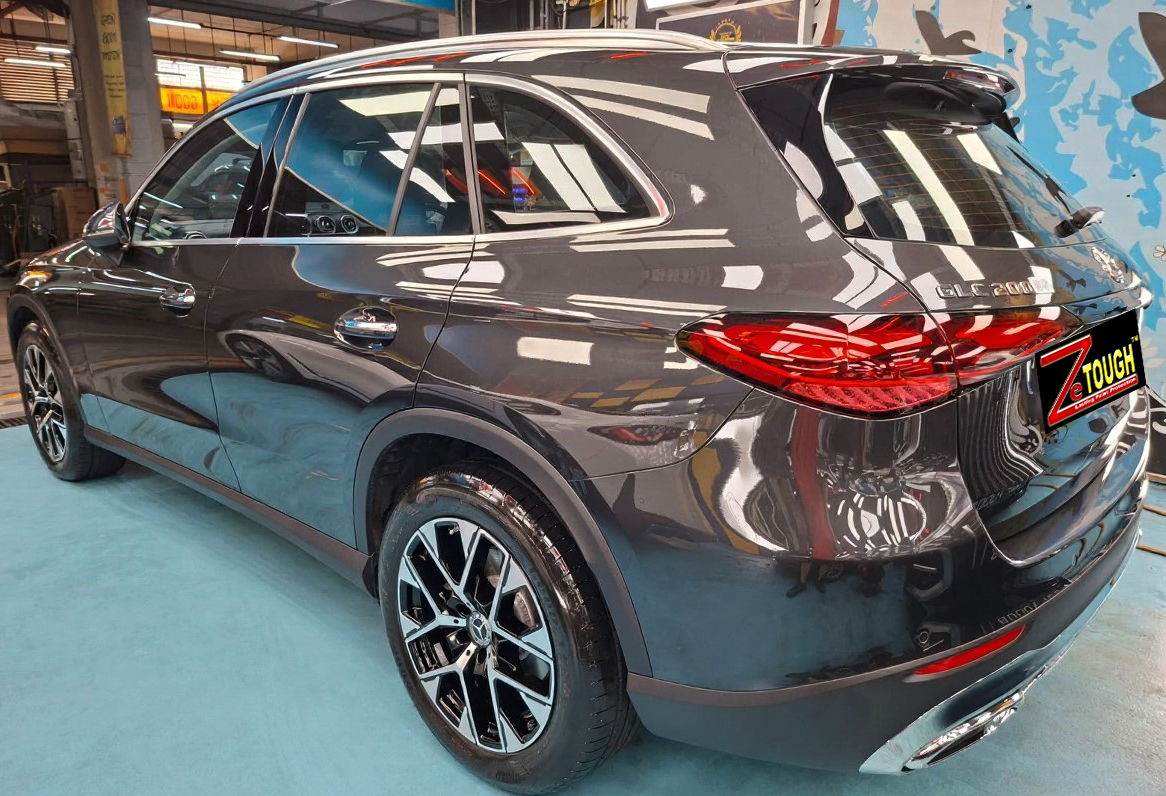 Rear quarter of the Mercedes-Benz GLC200, glossy and protected.
