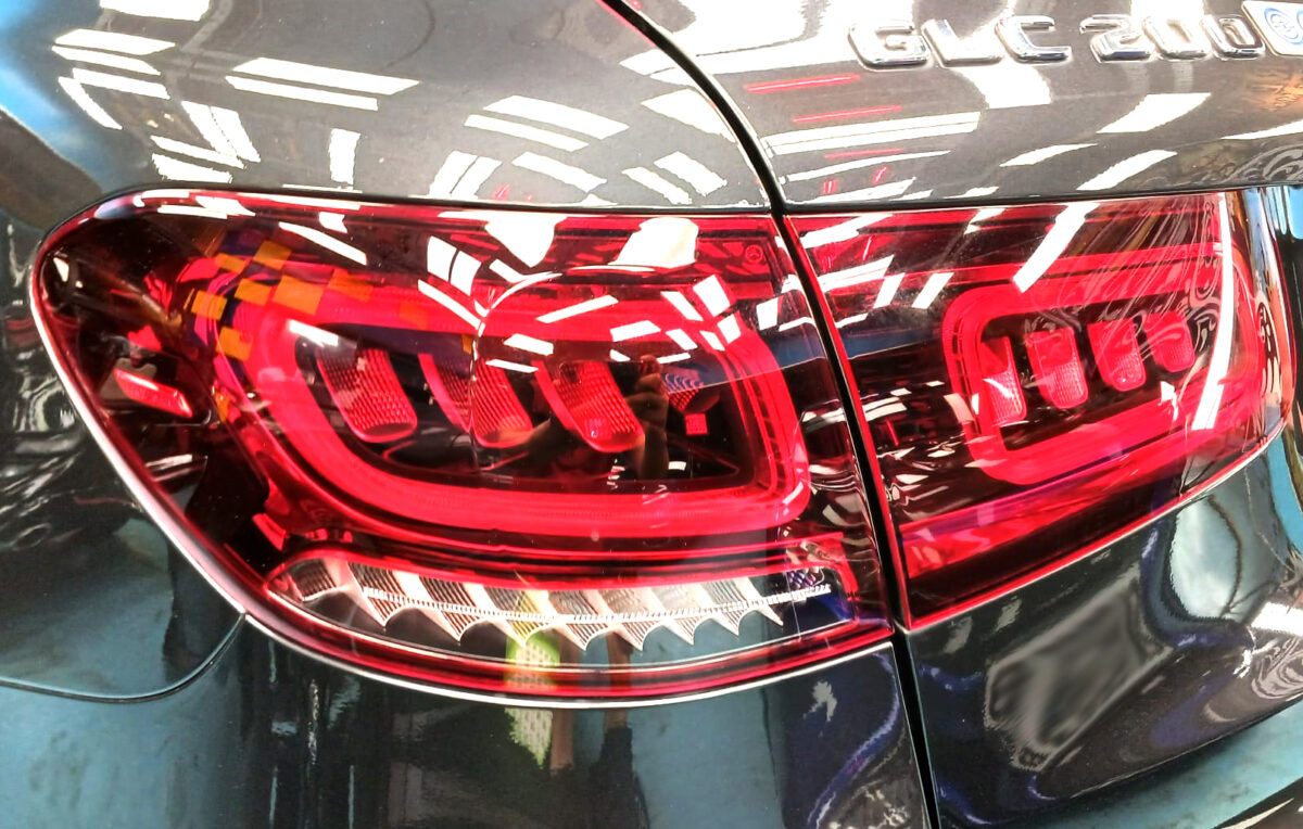 Rear quarter of the Mercedes-Benz GLC200, glossy and protected.
