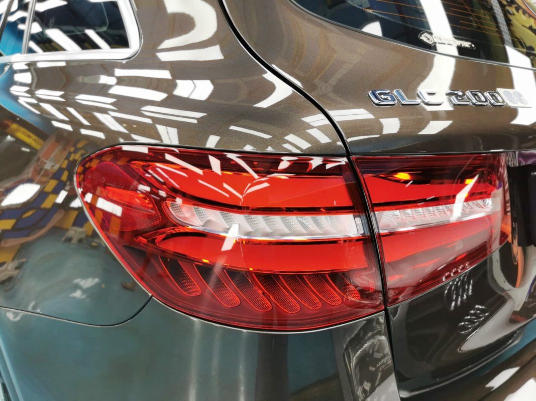 The coated bonnet of the GLC200 under workshop lighting.