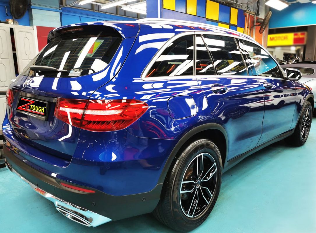 Rear quarter of the Mercedes-Benz GLC200, glossy and protected.