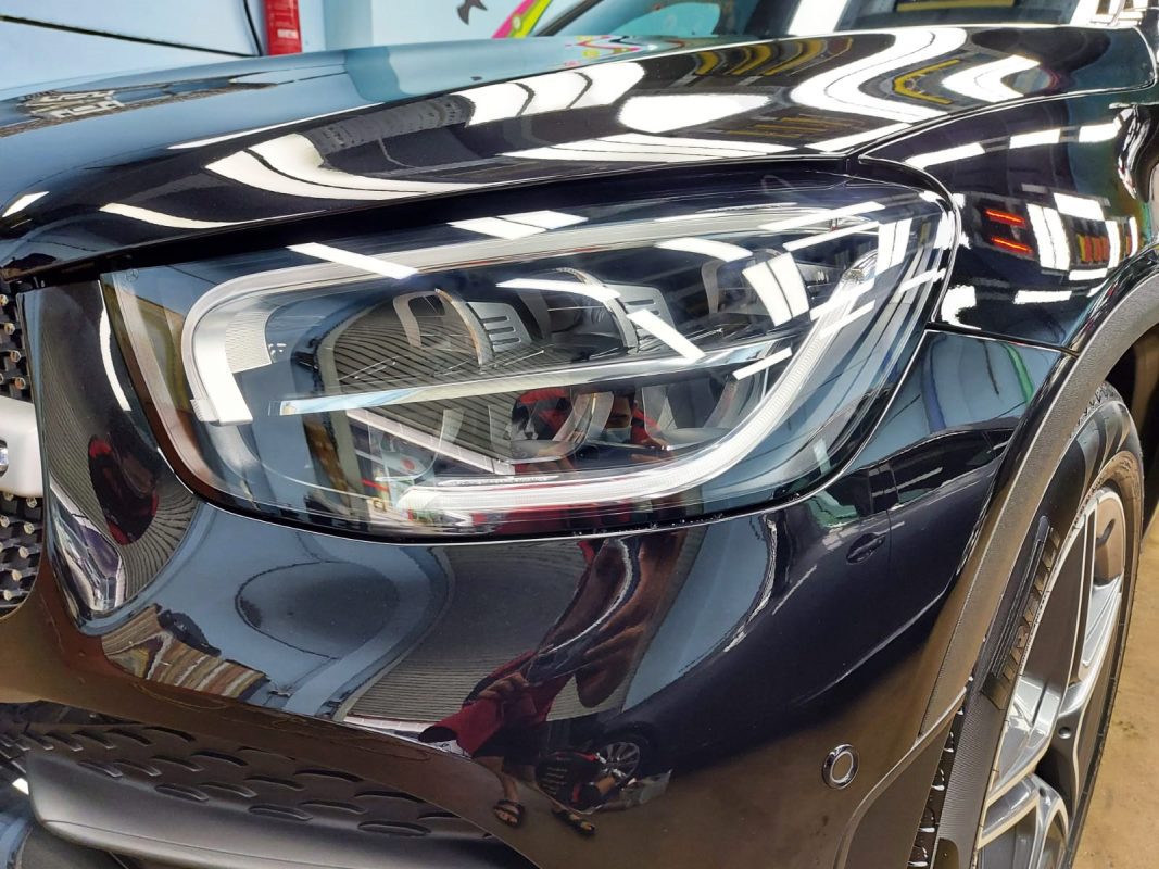 The GLC220d's coated paintwork showing clean reflections.