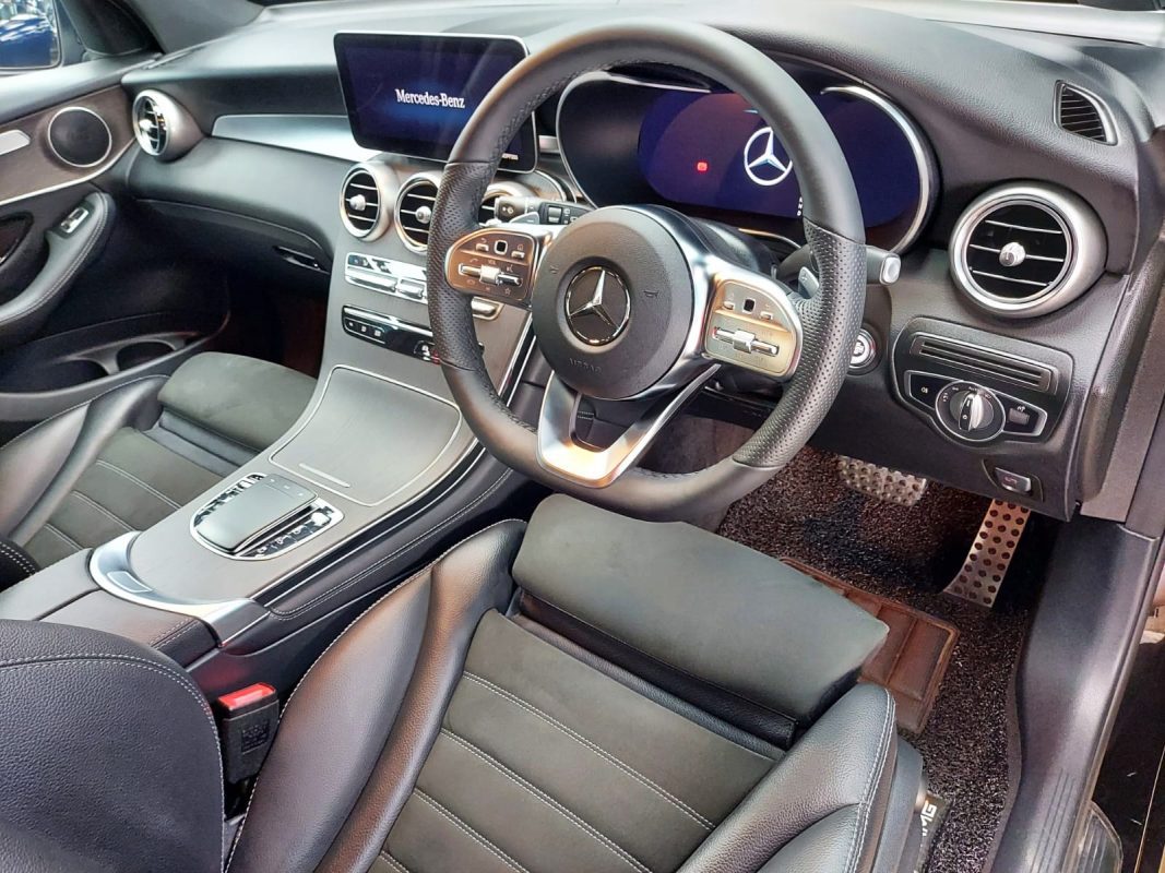 The Mercedes-Benz GLC220d parked in the workshop, freshly coated.