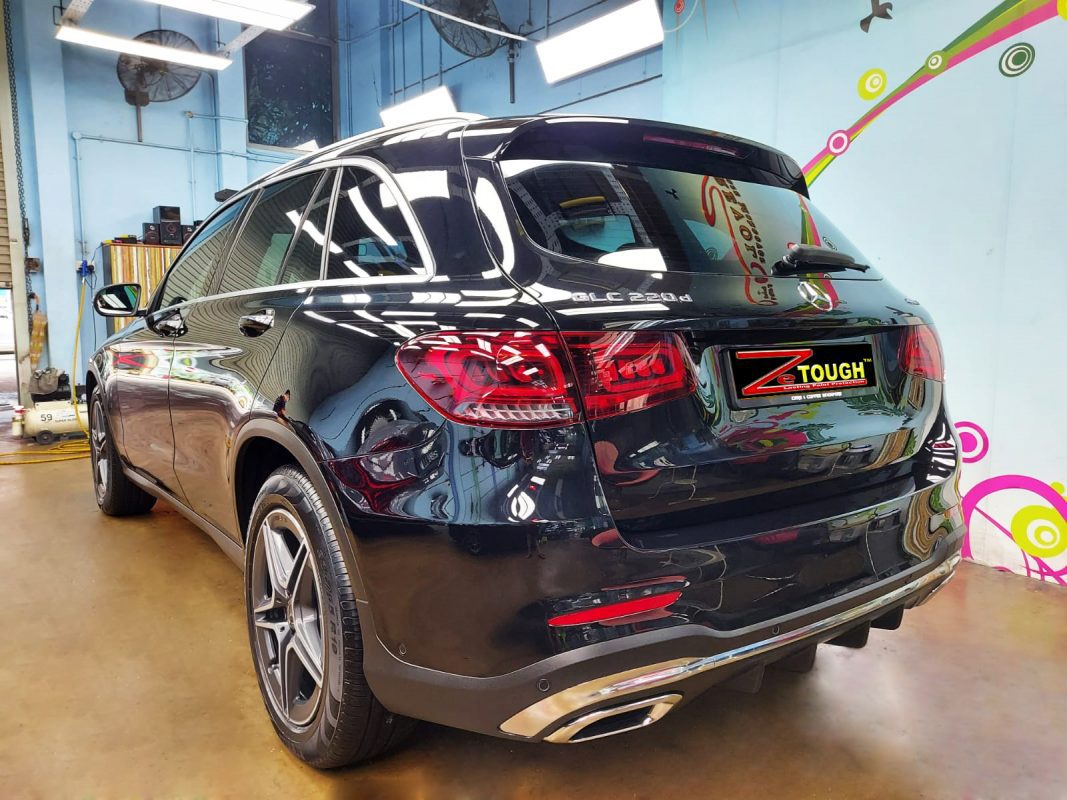 Rear quarter of the Mercedes-Benz GLC220d, glossy and protected.