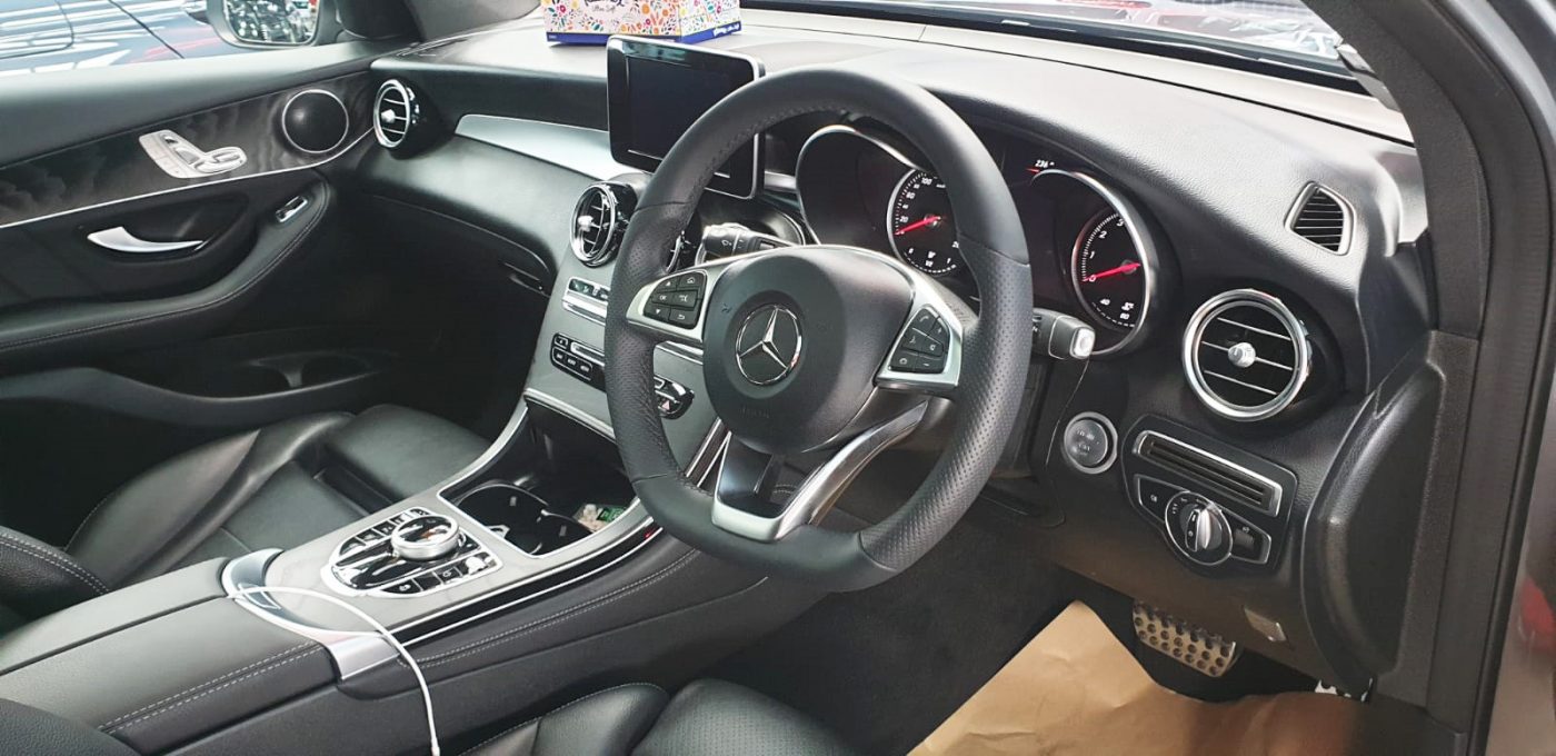 The Mercedes-Benz GLC250 AMG parked in the workshop, freshly coated.