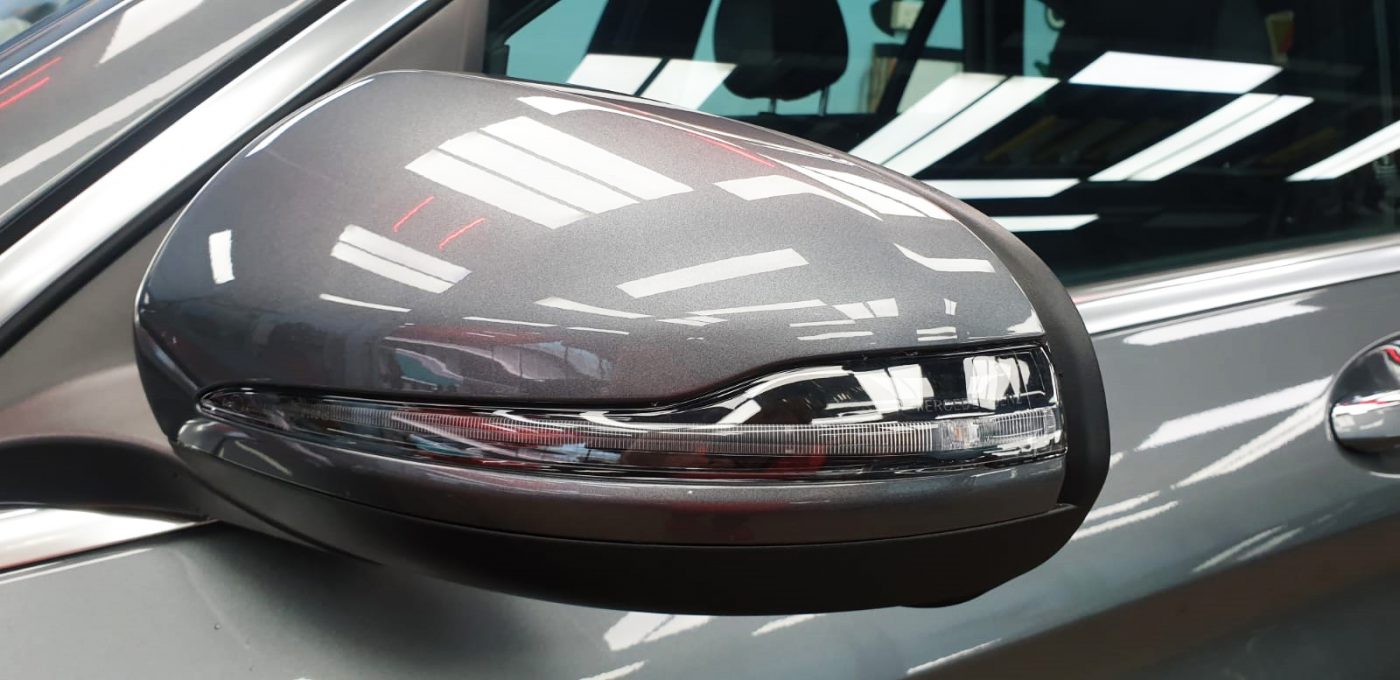 Side panel of the Mercedes-Benz GLC250 AMG with the titanium finish locked in.