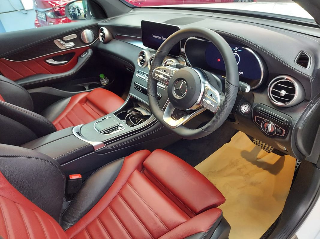 The Mercedes-Benz GLC300 parked in the workshop, freshly coated.