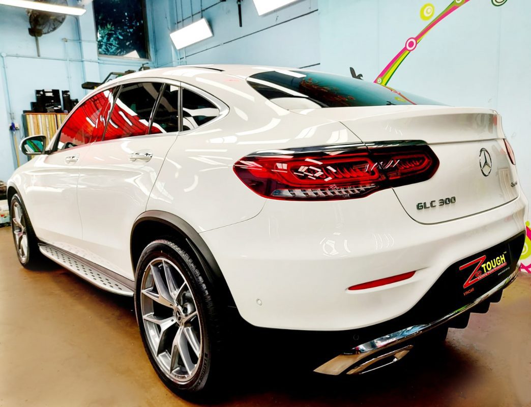 Rear quarter of the Mercedes-Benz GLC300, glossy and protected.