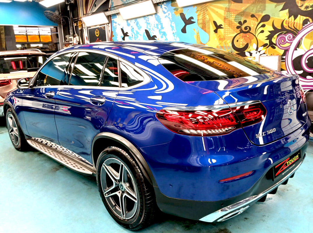 Rear quarter of the Mercedes-Benz GLC300, glossy and protected.