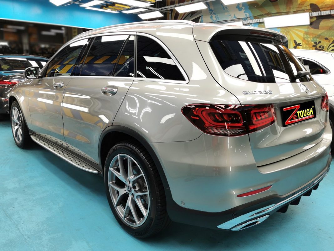 Rear quarter of the Mercedes-Benz GLC300 AMG, glossy and protected.
