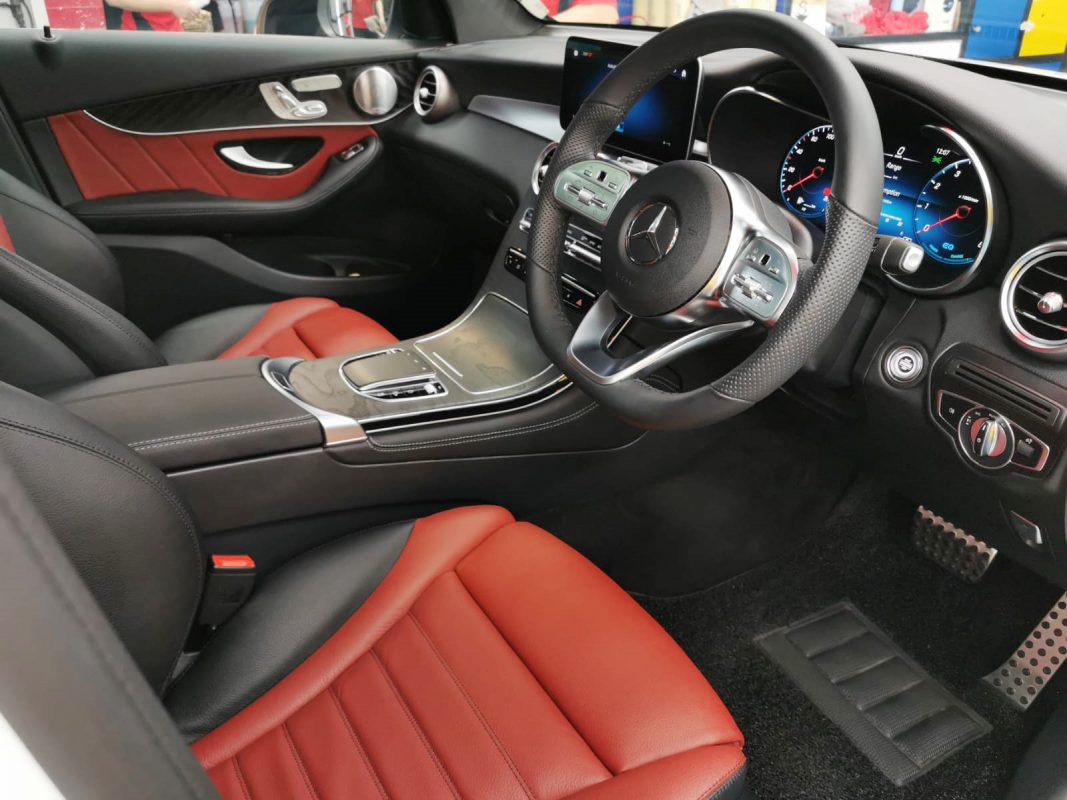 The Mercedes-Benz GLC300 parked in the workshop, freshly coated.