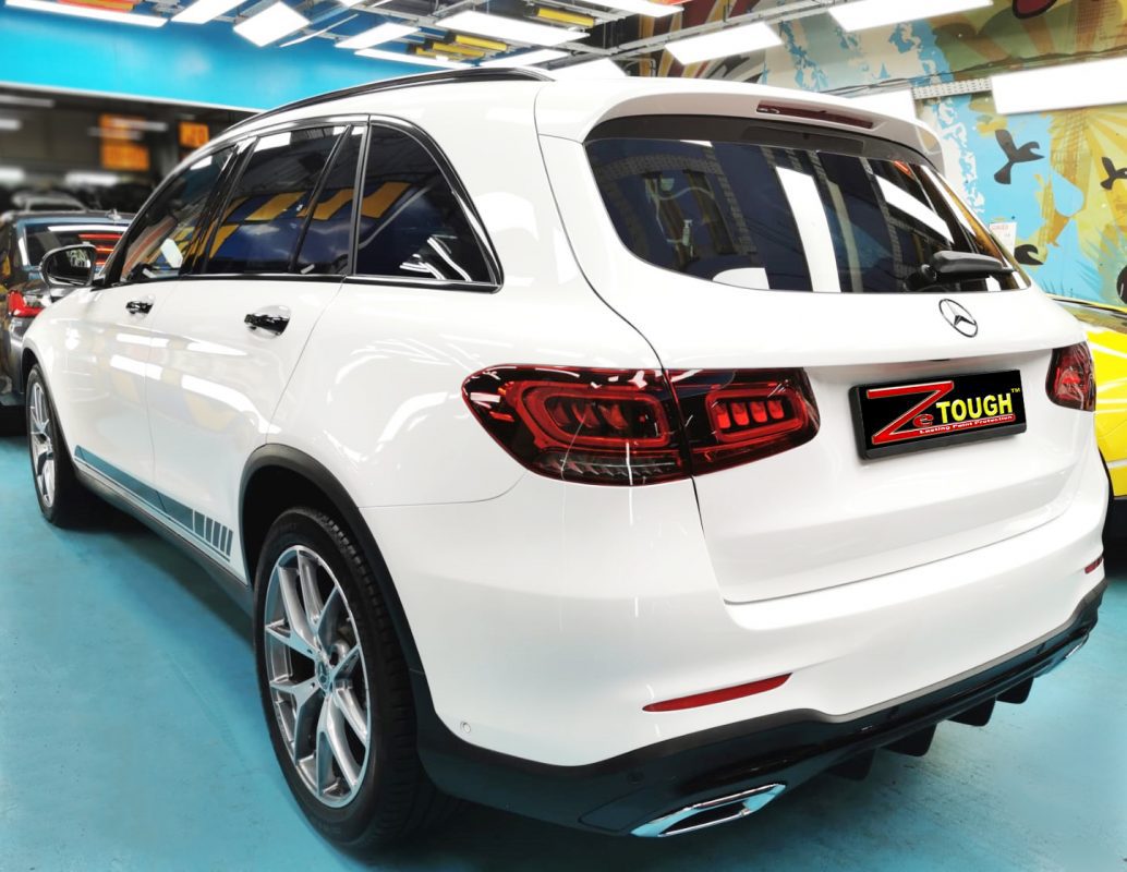 Rear quarter of the Mercedes-Benz GLC300, glossy and protected.