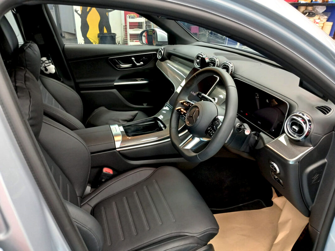 The Mercedes-Benz GLC300 parked in the workshop, freshly coated.