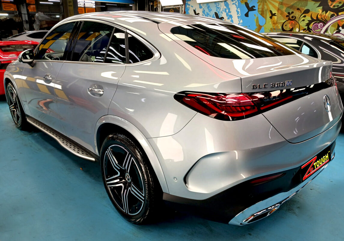 Rear quarter of the Mercedes-Benz GLC300, glossy and protected.