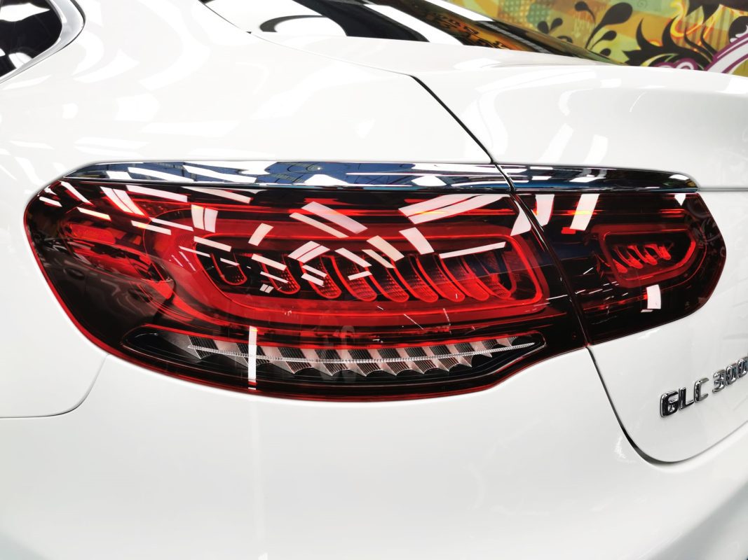 The coated bonnet of the GLC300 under workshop lighting.