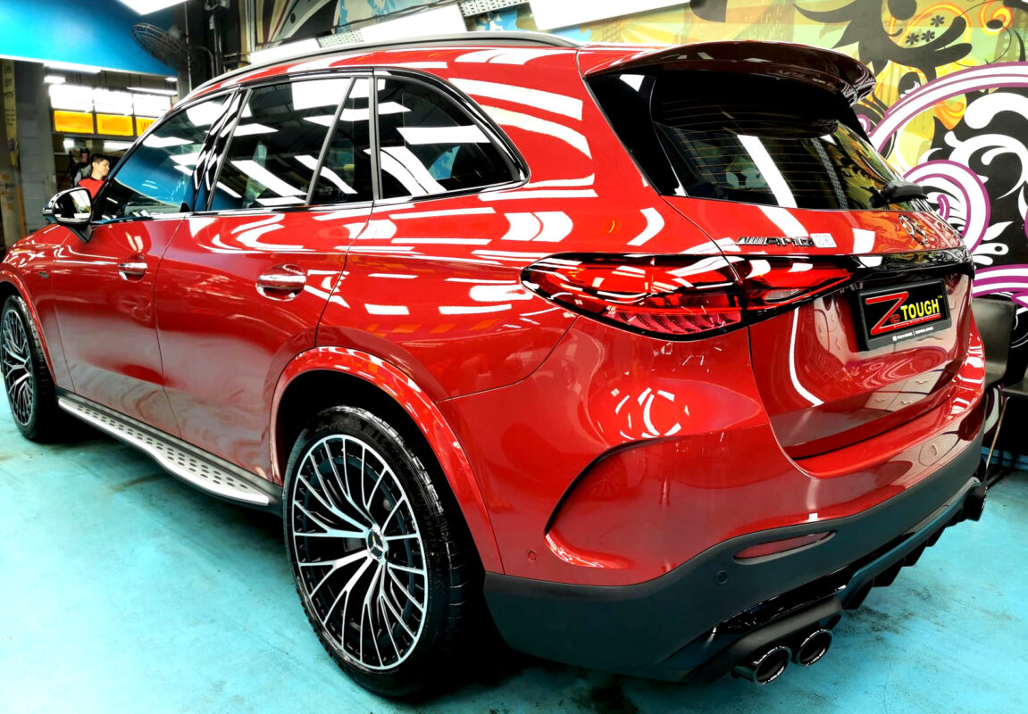 Rear quarter of the Mercedes-Benz GLC43, glossy and protected.