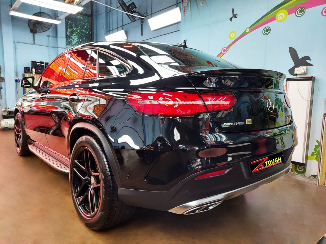Rear quarter of the Mercedes-Benz GLE450 AMG, glossy and protected.