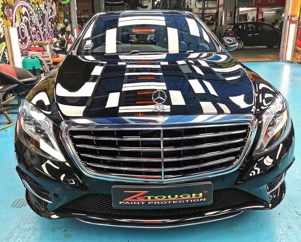 Rear quarter of the S400, glossy and protected.