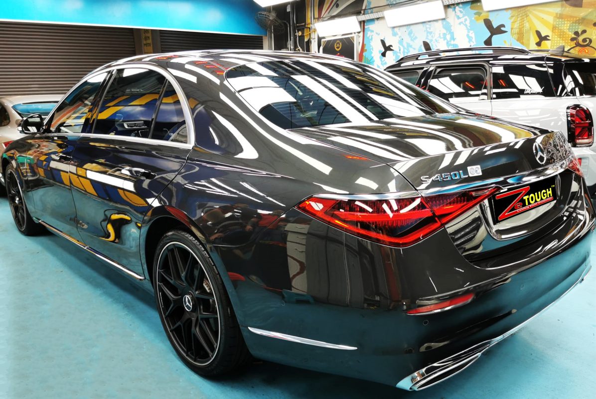 Rear quarter of the Mercedes-Benz S450L, glossy and protected.
