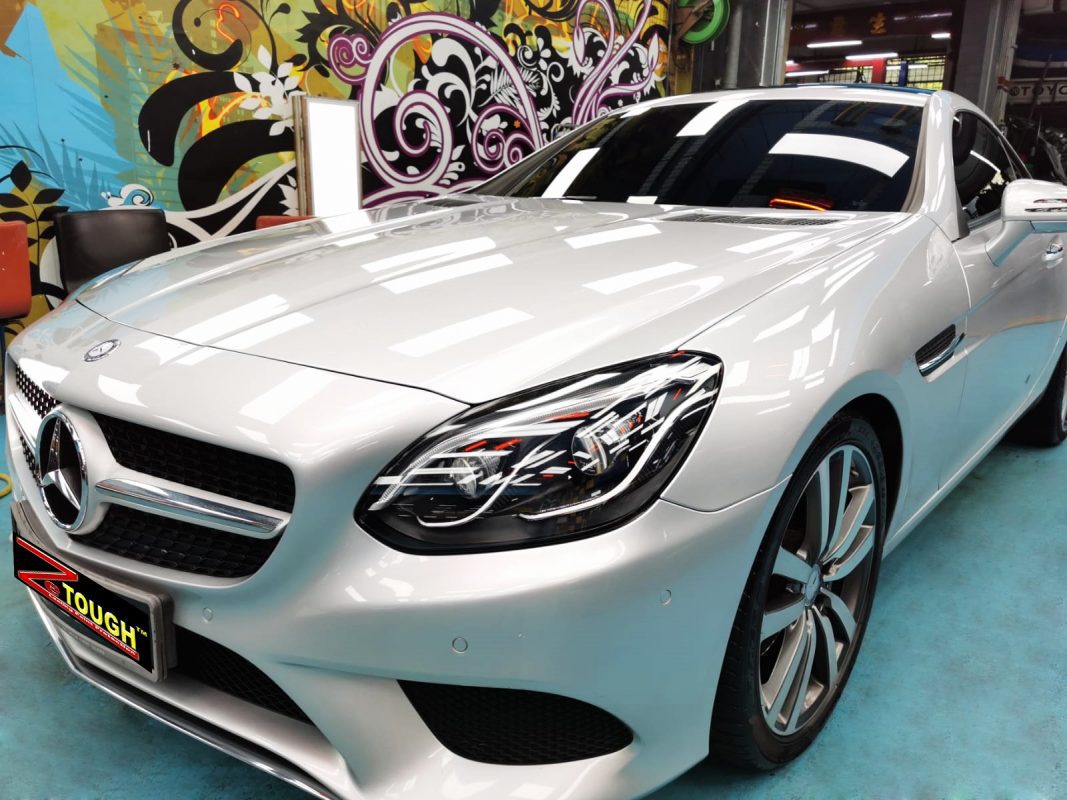 The Mercedes-Benz SLC200 from a side angle after the ceramic coating.