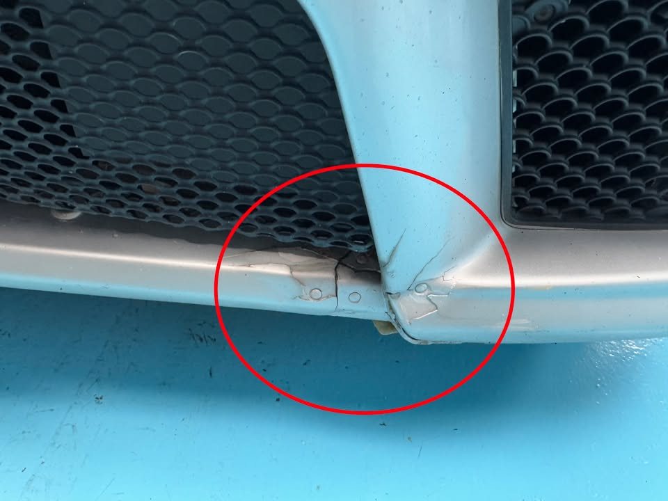 Lower front bumper grille with a cracked edge circled in red.