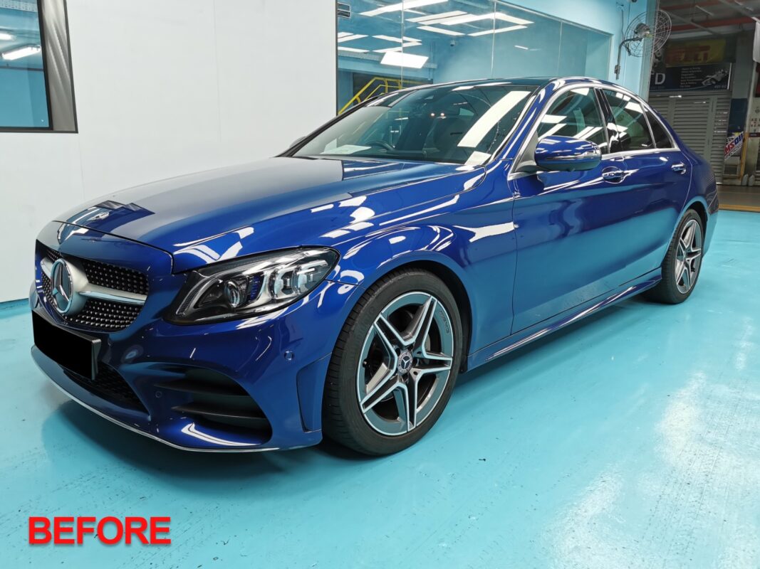 Mercedes-Benz C200 in deep blue, glossy after its full respray.