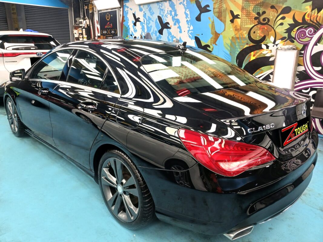 Black Mercedes-Benz CLA180, glossy after its full respray.
