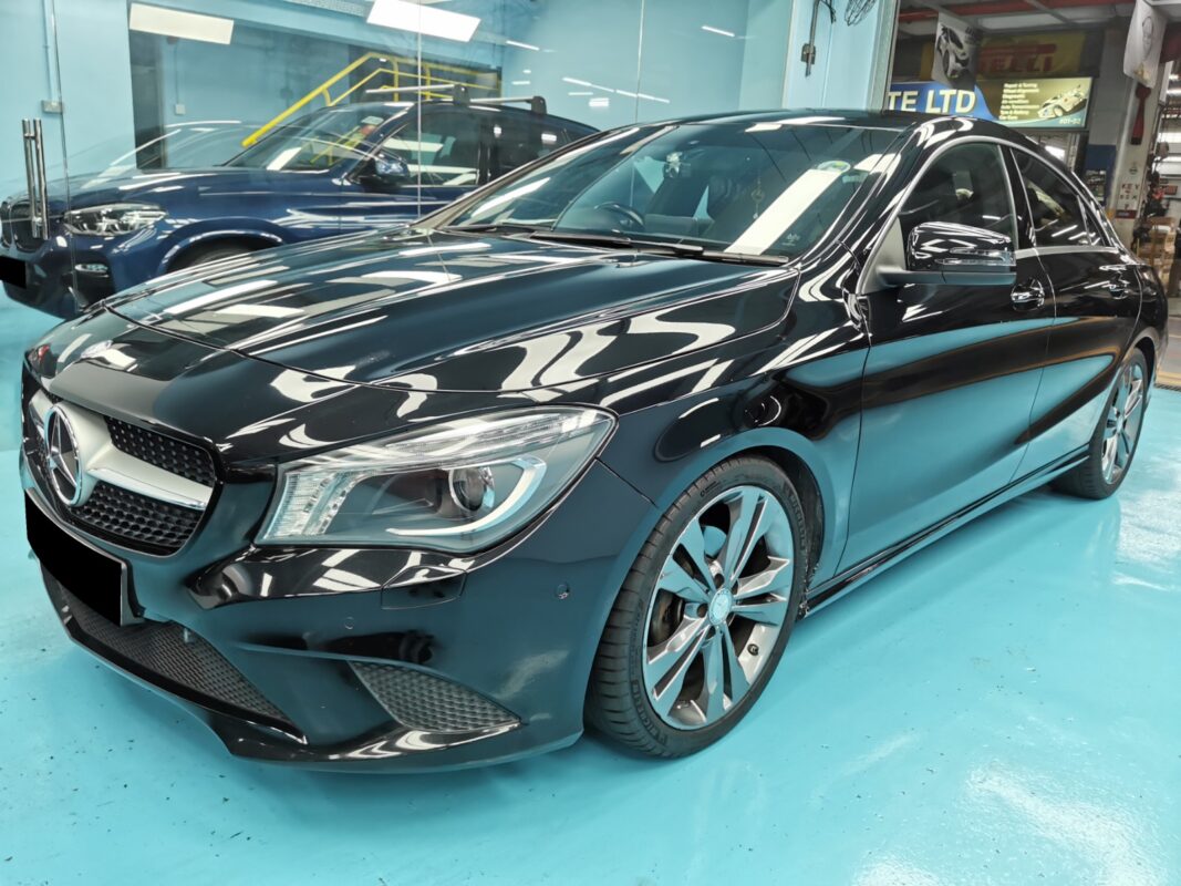 The black Mercedes-Benz CLA180 as it arrived at Revol Carz, before the respray.