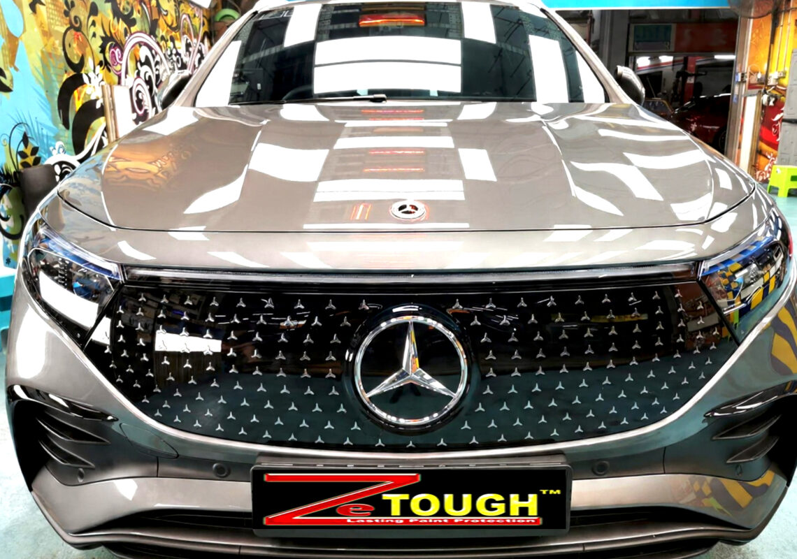The Mercedes-Benz EQ250's coated paintwork under workshop lighting.