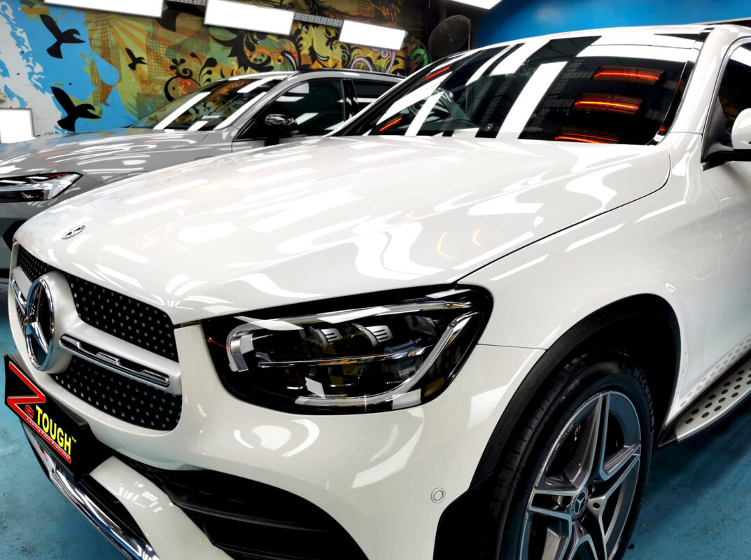 The Mercedes-Benz GLC 300's coated paintwork under workshop lighting.