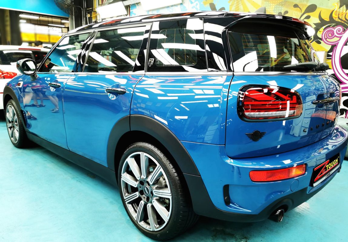 Rear quarter of the Clubman Cooper, glossy and protected.