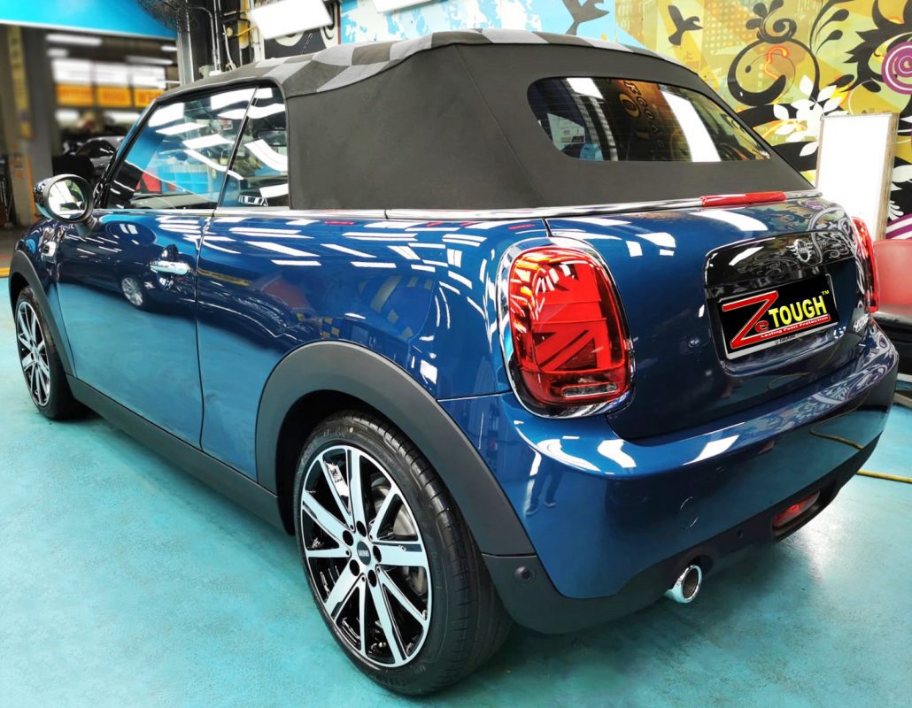 Rear quarter of the MINI, glossy and protected.